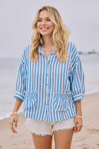 Living For Stripes Button Down Top In Sky Blue