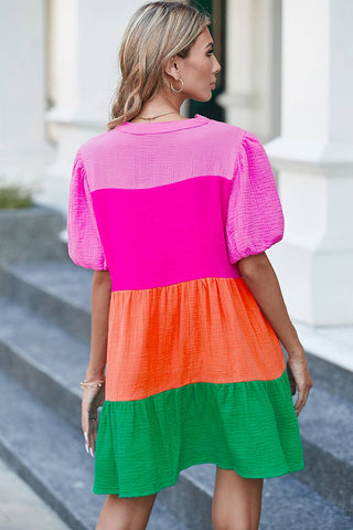 Multicolor Color Block Tiered Puff Sleeve Dress