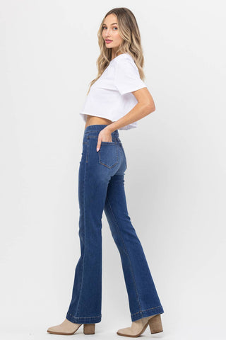 Jelly Classic Mid Rise Pull On Flare Jeans In Dark Denim