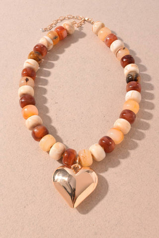 Beaded Puffy Heart Pendant Statement Necklace