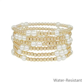Gold Beaded and Pearl Water Resistant Stretch Bracelet