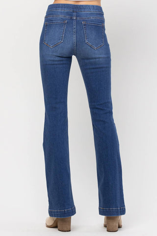 Jelly Classic Mid Rise Pull On Flare Jeans In Dark Denim