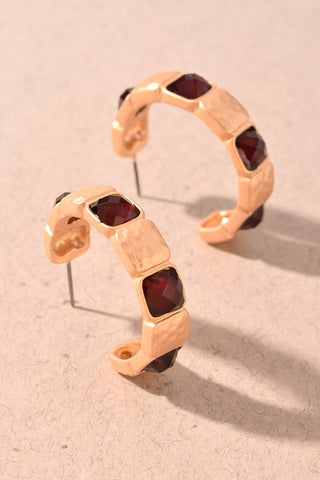 Faceted Stone & Hammered Metal Hoop Earrings