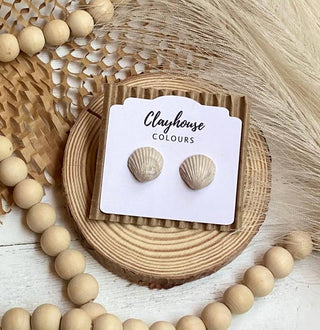 Beach Clay Earrings: Pearl Tri Shell Studs