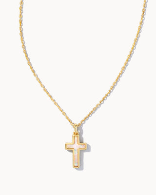 Gold Cross Pendant Necklace in White Opal