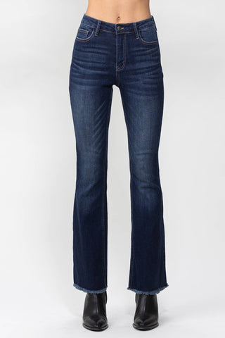 High Rise Dark Indigo Flare Jeans In Dark Denim