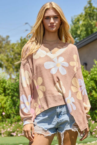 Floral Dreams Hacci Knit Pullover Sweater In Taupe Multi