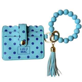 Lulu Mac Beaded Wristlet Wallet in Blue/Navy Dots