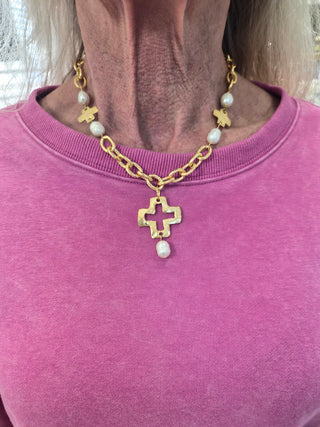 Susan Shaw Pearl Cross Drop Necklace