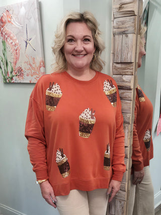 Cozy Sips Sparkle Sweatshirt In Dark Orange