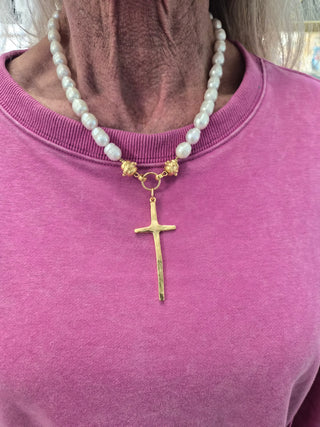 Susan Shaw Tall Cross Pearl Necklace