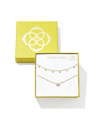 Mini Elisa And Amelia Chain Necklace Gift Set In Gold Pink Opalite Crystal
