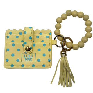 Lulu Mac Beaded Wristlet Wallet in Yellow/Blue Dots