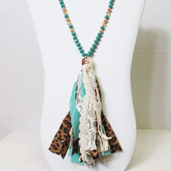 Leopard Tassel & Crystal Necklace Set in Turquoise