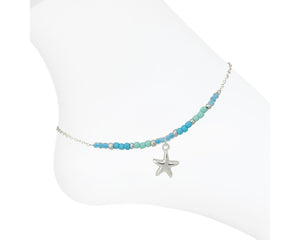 Silver Starfish with Blue Beads Anklet
