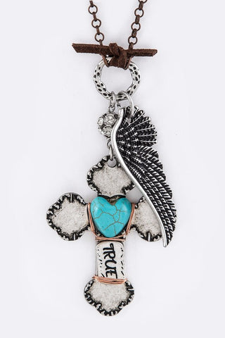 Wing And Cross Mix Charm Long Necklace - Silver