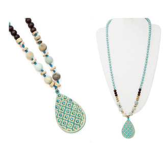 Wooden Teardrop w/Rhinestone Pendant, Multi Beads Necklace