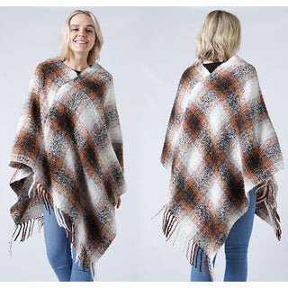 Plaid/Print Poncho w/Fringe - Brown/Black
