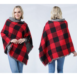 Reversible Buffalo Plaid & Houndstooth Poncho in Red/Black