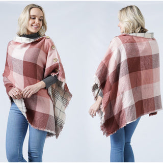 Check Reversible Button Poncho - Brown/Pink