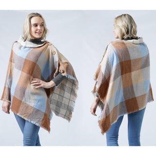 Check Reversible Button Poncho - Taupe/Blue