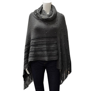 Knit Turtleneck Poncho w/Pearls - Grey/Black