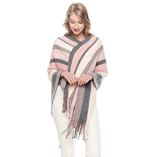 Striped Print Poncho with Fringe - Pink