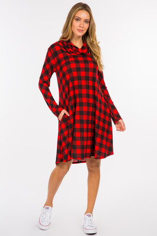 Plaid Cowl Neck Dress - Red