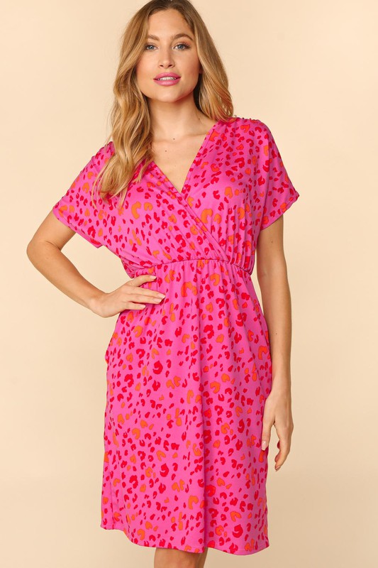 Rose Leopard Surplice V Neck Pocketed Dress Small