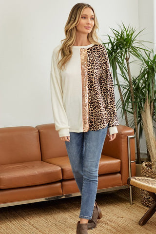 Leopard Color Block Sequin Top