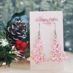 Pink Glitter Mix Christmas Tree Leather Earrings