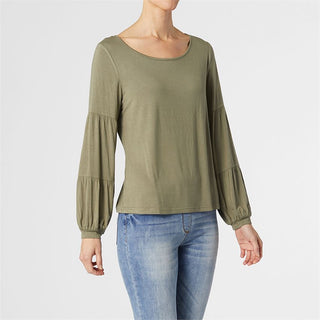 Celina Tiered Long Sleeve Crew Neck Top in Olive