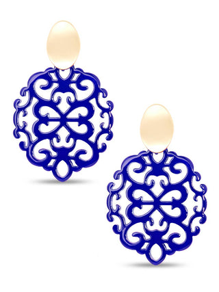 Modern Damask Pattern Resin Drop Earring in Cobalt