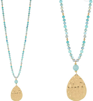 Hammered Metal Teardrop Necklace Set in Turquoise