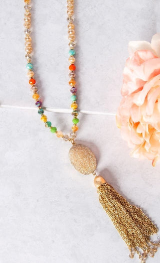 Stone Pendant with Tassel of Gold Chains Beaded Necklace in Multi