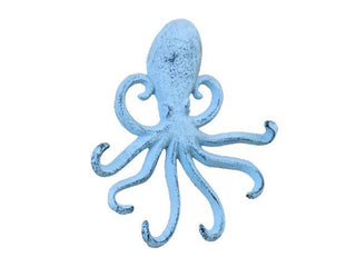 Rustic Dark Blue Whitewashed Cast Iron Wall Mounted Decorative Octopus Hooks 7"