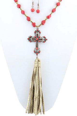 Red Cross Tassel Necklace & Earring Set