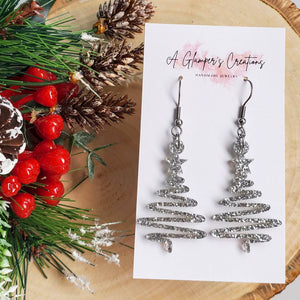 Silver Glitter Ribbon Christmas Tree Acrylic Earrings