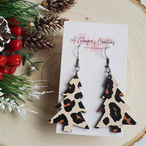 Leopard Wooden Christmas Tree Earrings