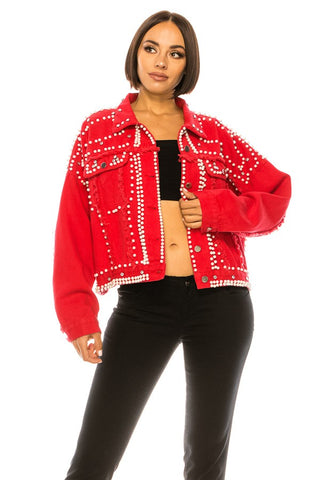 Denim Jackets with Pearls and Jewels in Red