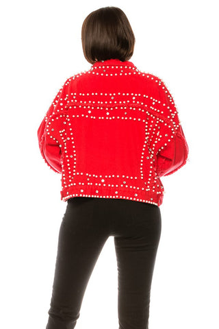 Denim Jackets with Pearls and Jewels in Red