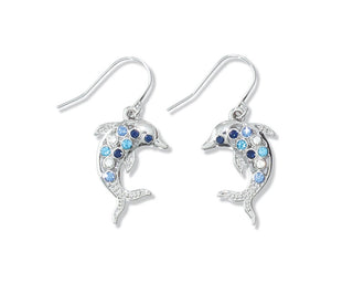 Earrings - Silver Dolphin w Blue & Clear Crystals