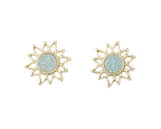 Gold & Aqua Druzy Flower Earrings