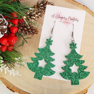 Green Glitter Christmas Tree with Star Leather Earrings