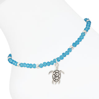 Silver Turtle w Blue Beads Anklets