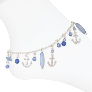 Silver Anchors w Blue Beads Anklet-