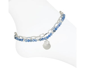 Silver Shell with Blue Beads Anklet