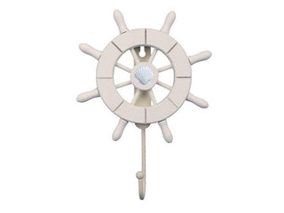 White Decorative Ship Wheel with Seashell and Hook 8"
