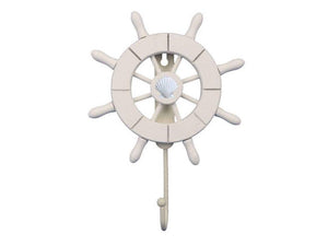 White Decorative Ship Wheel with Seashell and Hook 8