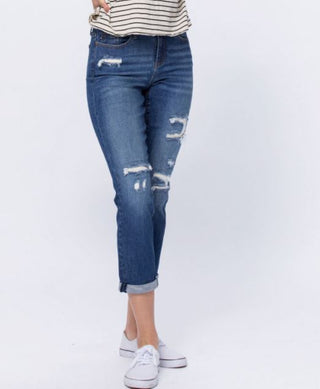 Mid Rise Thermal Patch Boyfriend Jeans - Judy Blue